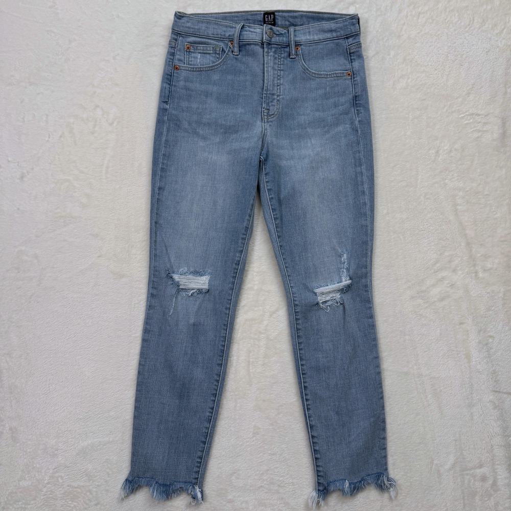 Gap True Skinny Jeans Womens‎ 28 Light Blue Distressed Knee Frayed Hem High Rise